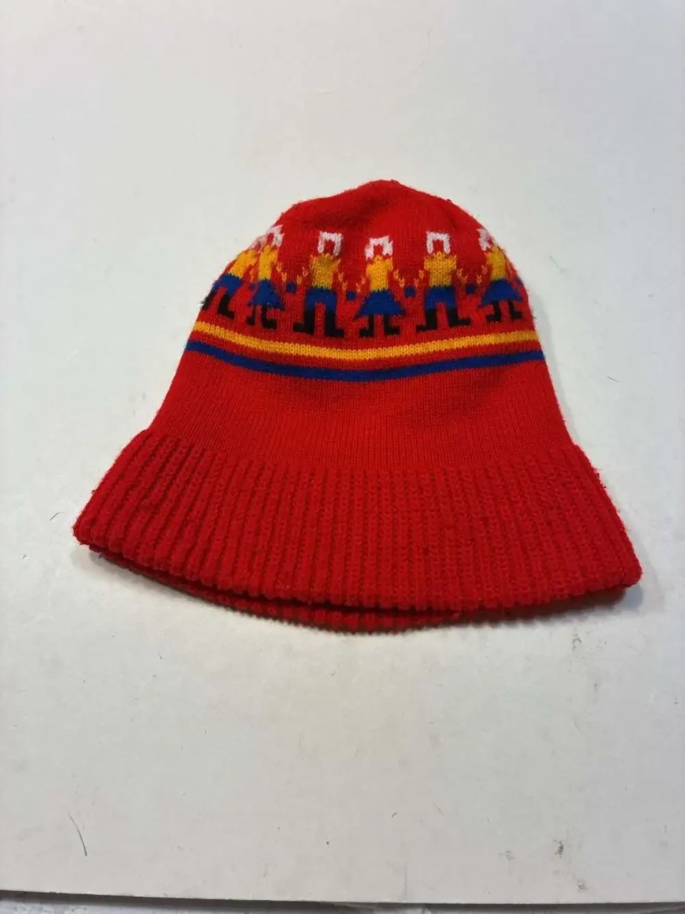 Vintage Unisex Knit Winter Beanie Hat with Folk Art People Pattern